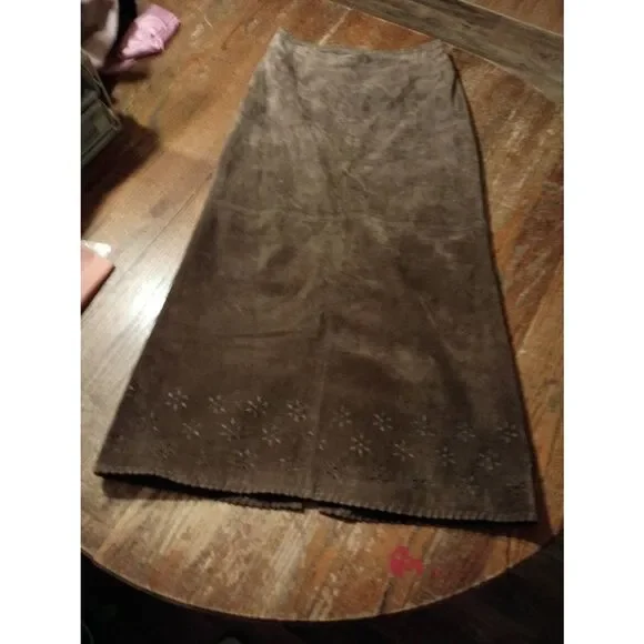 Vintage Sz 6 Margaret Godfrey Brown Suede Leather Maxi Skirt Flower Cut Out Hem - Picture 1 of 8